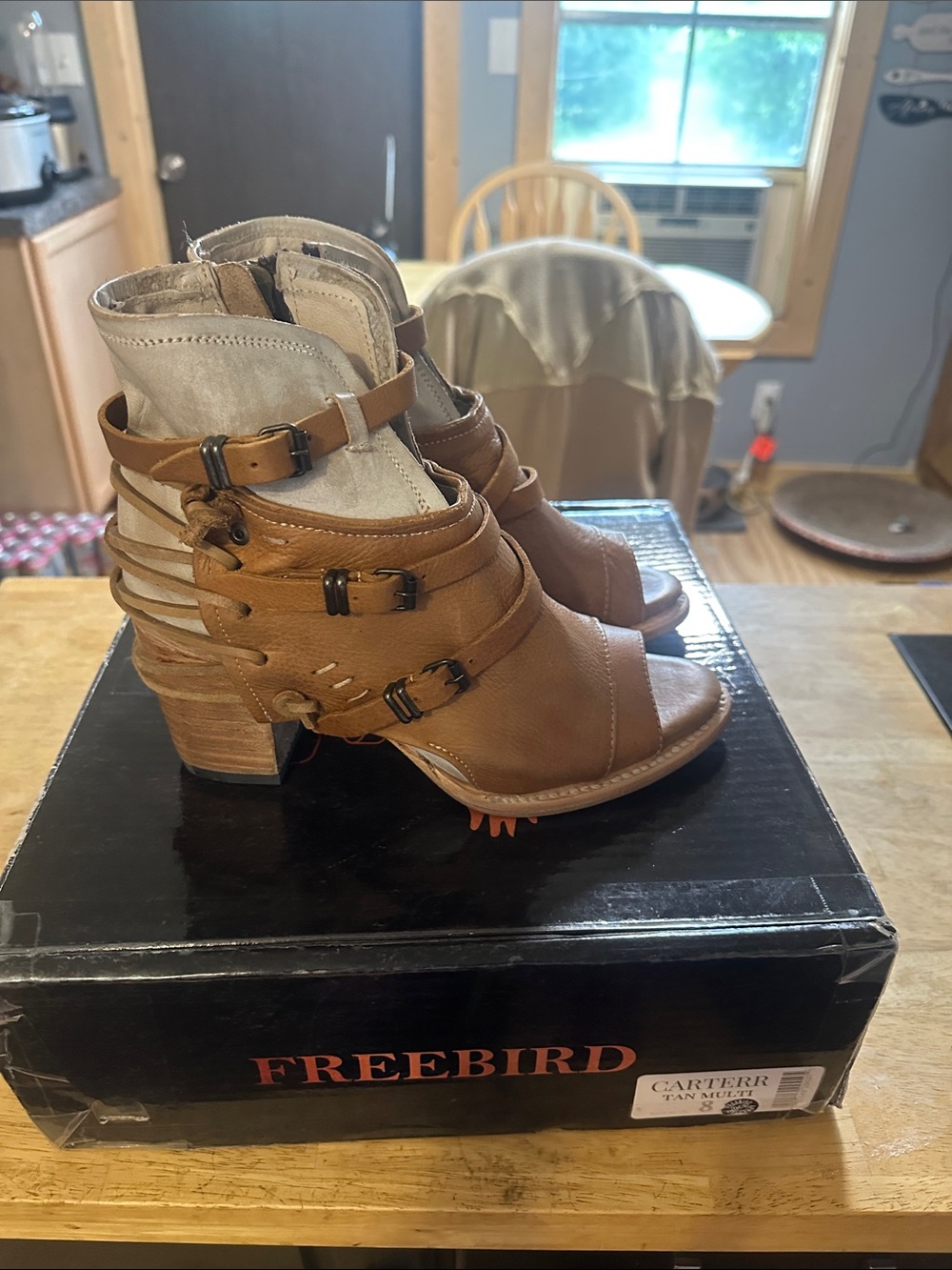 Freebird by Steven Tan Leather Strappy Peep-Toe Heeled Booties